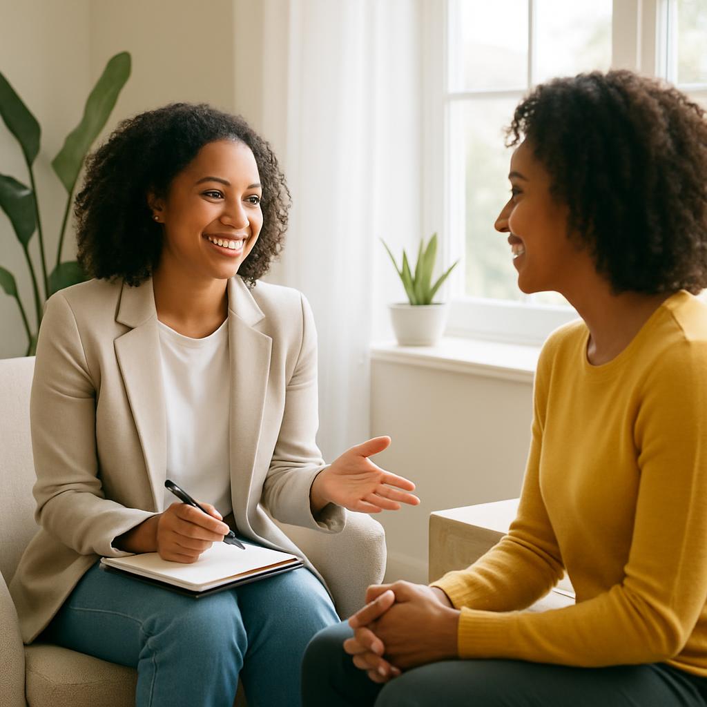A person and another one crouching down, talking to each other, with the person on the left wearing a tan blazer and jeans...